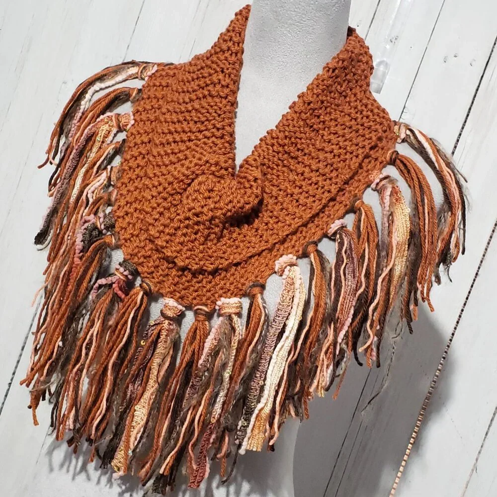 Cowl Scarf Fringe Hand Knitted Orange Rust Women's Boho Hippie Artsy Earthy Glam